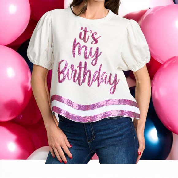 PEACH LOVE CALIFORNIA it’s my birthday puff sleeve top M L - Picture 1 of 8